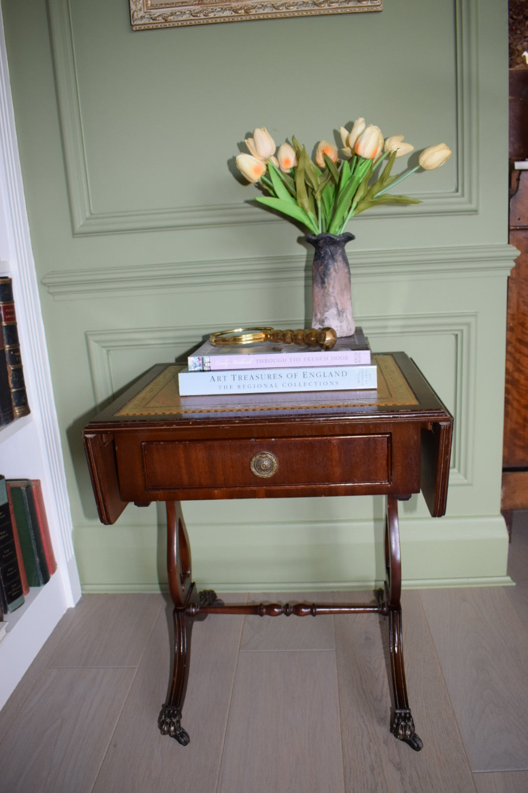 Gorgeous Walnut Bedside Or End Wine Tables With tan Leather Top on castors