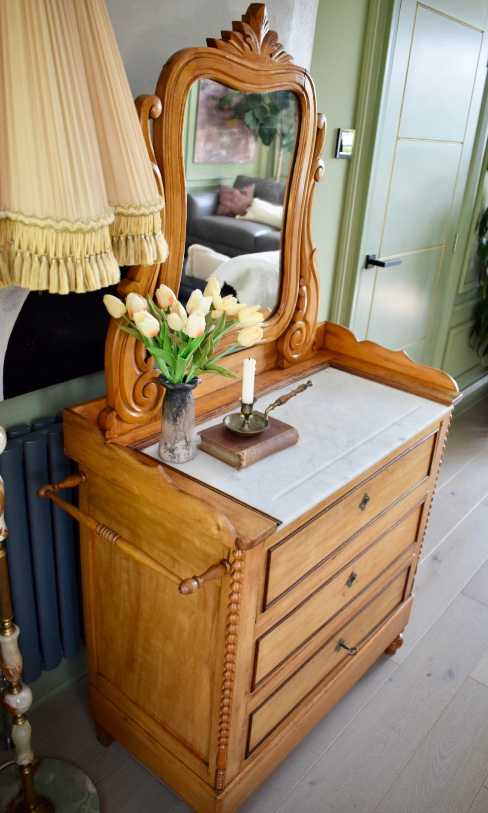 Satin Birch Marble top Dressing chest of drawers with mirror