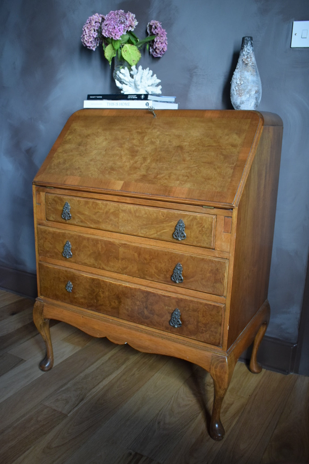 Antique Burr Walnut Writing Bureau: Fitted Interior, c. 1900s
