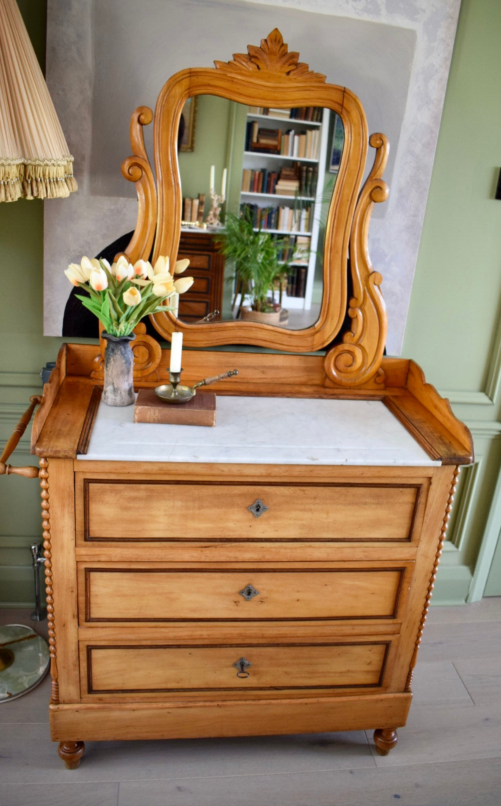 Satin Birch Marble top Dressing chest of drawers with mirror