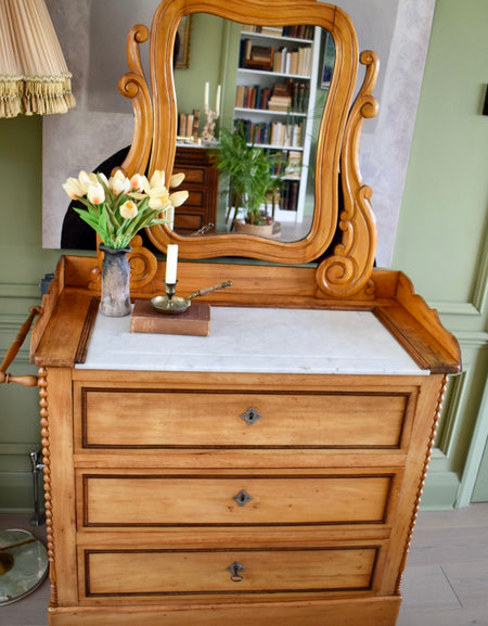 Satin Birch Marble top Dressing chest of drawers with mirror