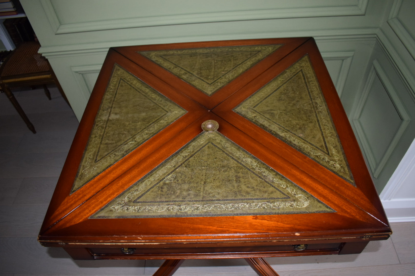 Stunning Bevan Funnell Games / Large Card table on Casters With green Leather Top