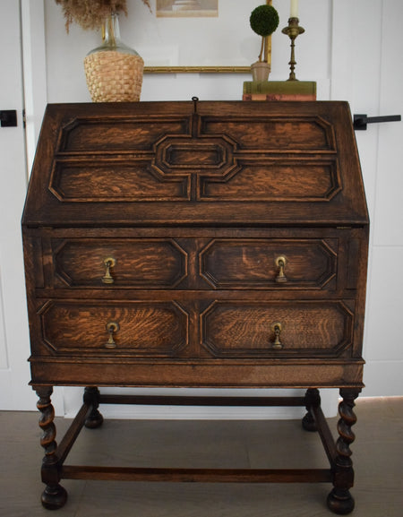 Beautiful 1930s Jacobean Style Vintage Oak bureau