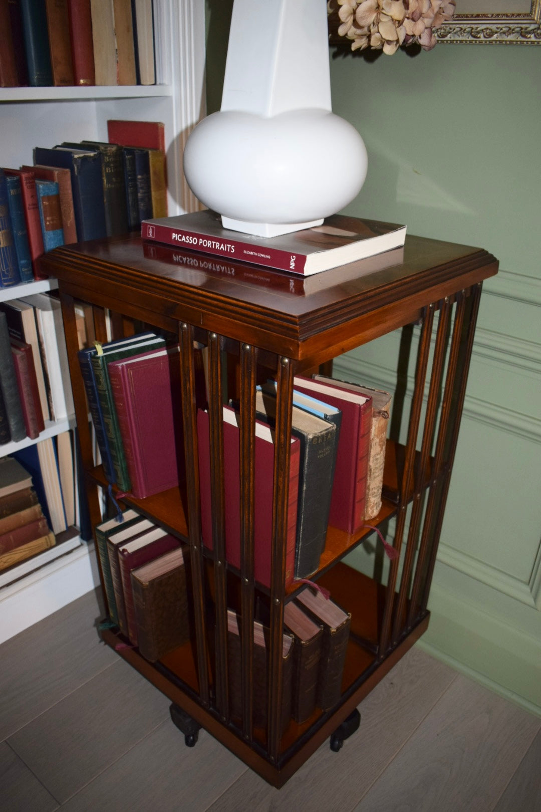 Rare Antique Sheraton Revival Burr Elm & Satinwood Revolving Bookcase