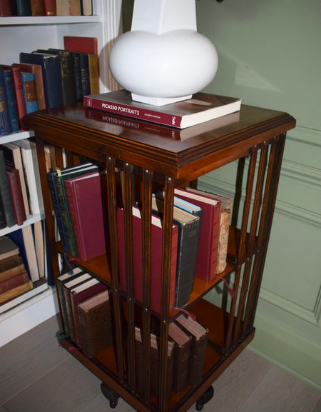 Rare Antique Sheraton Revival Burr Elm & Satinwood Revolving Bookcase