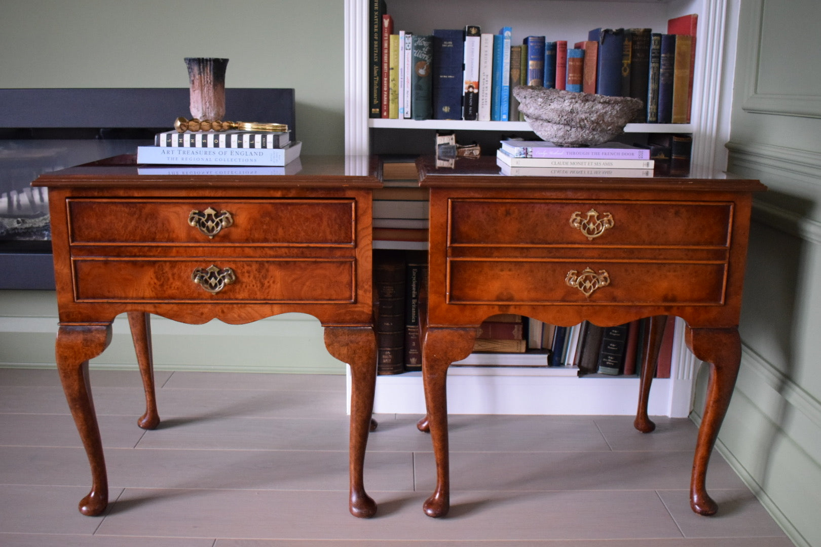 Pair of vintage Mid 20th century Burr wood bedside Tables