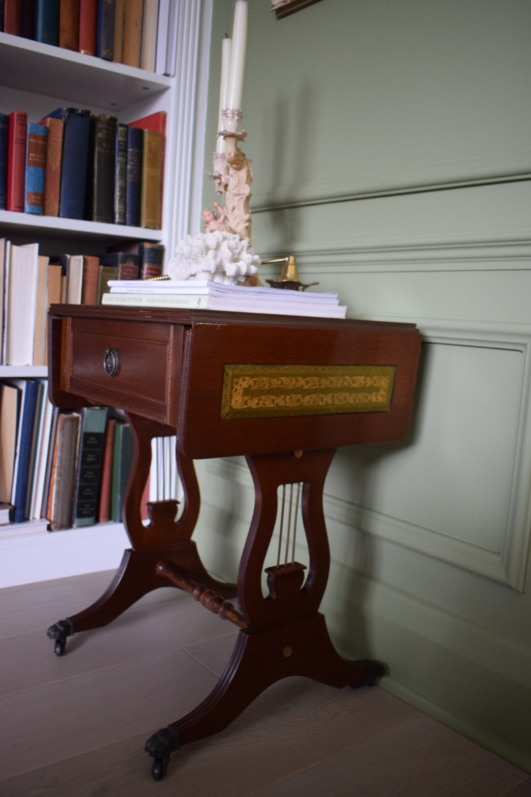 Gorgeous Flamed Mahogany Bedside Or End Wine Tables With green Leather Top on castors