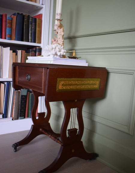 Gorgeous Flamed Mahogany Bedside Or End Wine Tables With green Leather Top on castors