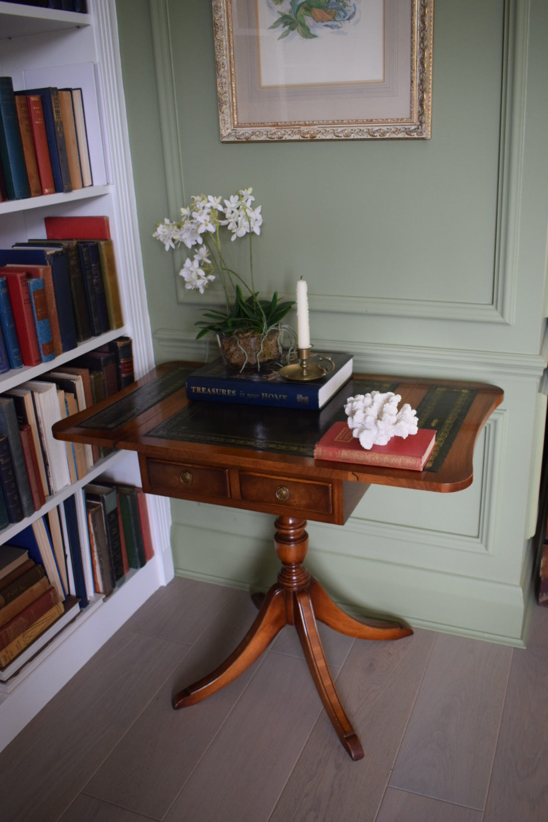 Bevan Funnell style Flamed mahogany Occasional table with 2 drawers and Green leather top