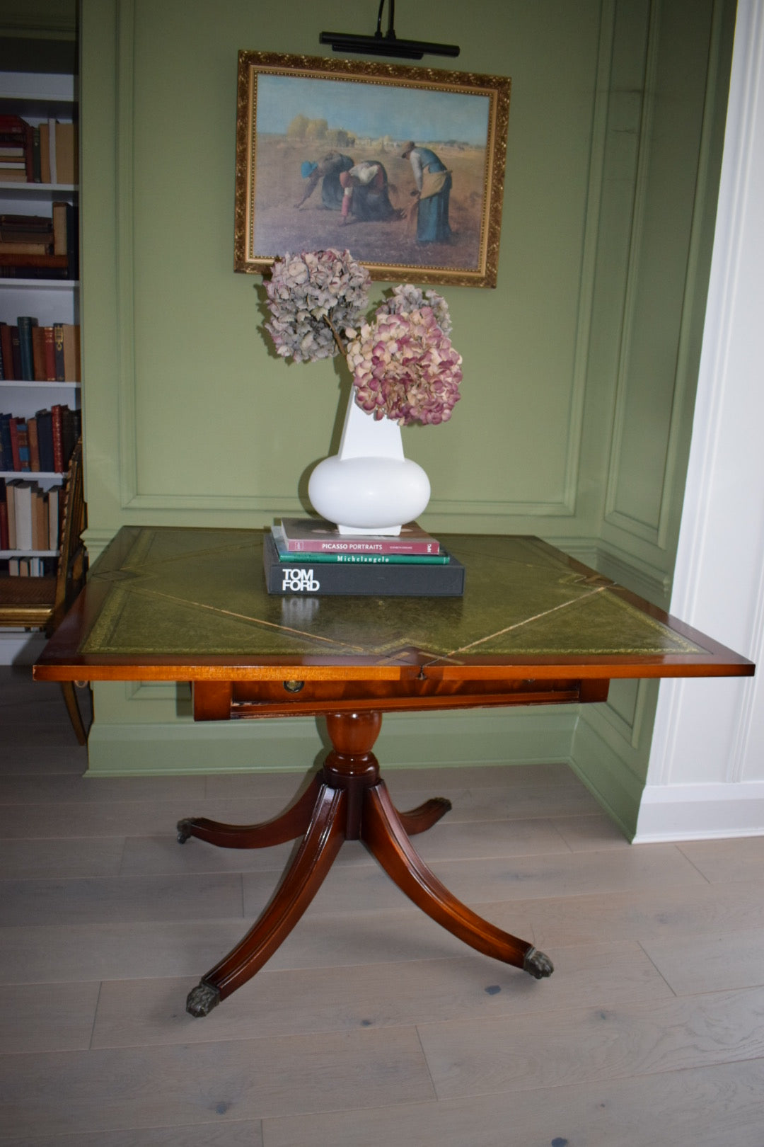 Stunning Bevan Funnell Games / Large Card table on Casters With green Leather Top