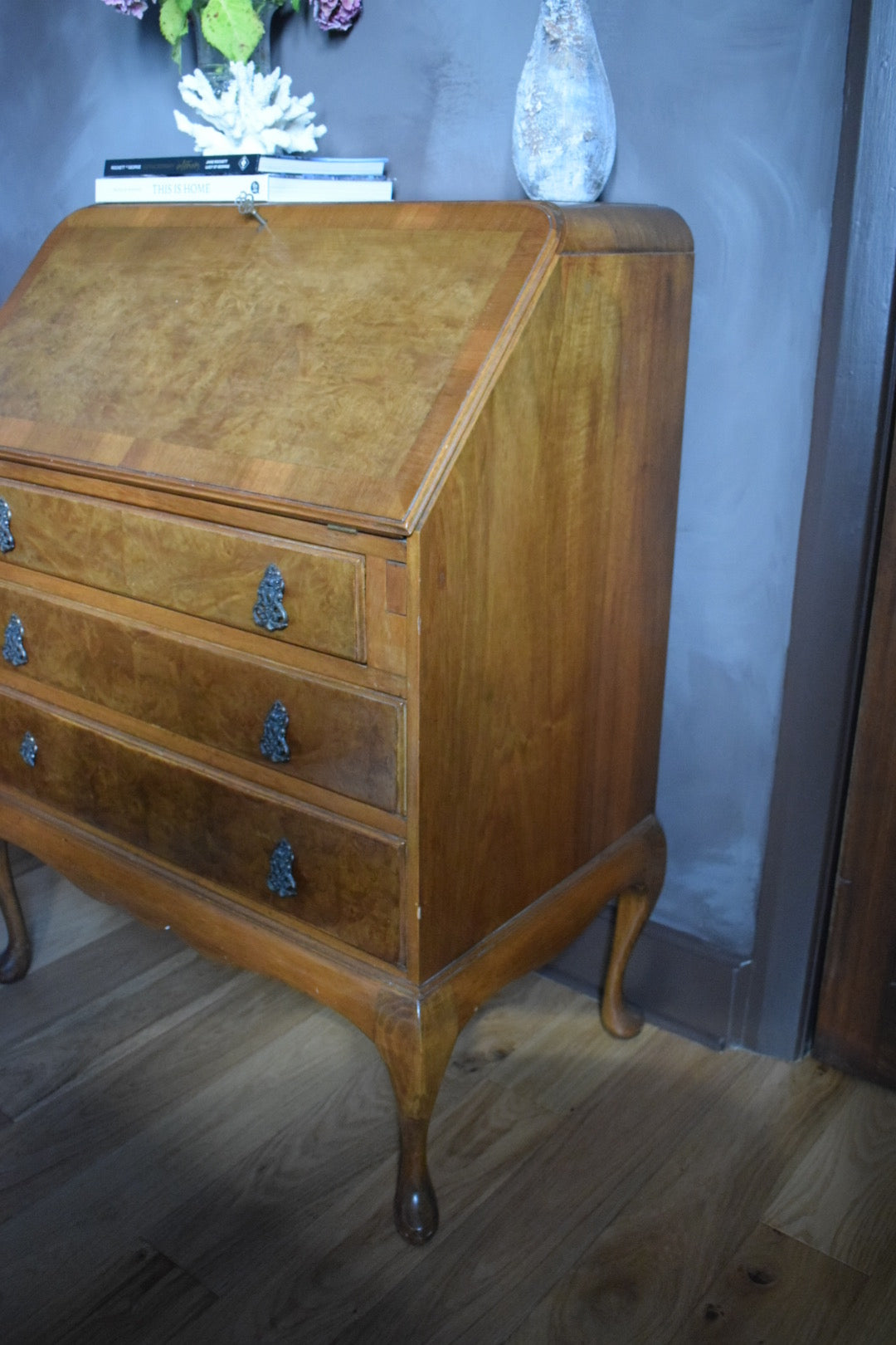 Antique Burr Walnut Writing Bureau: Fitted Interior, c. 1900s