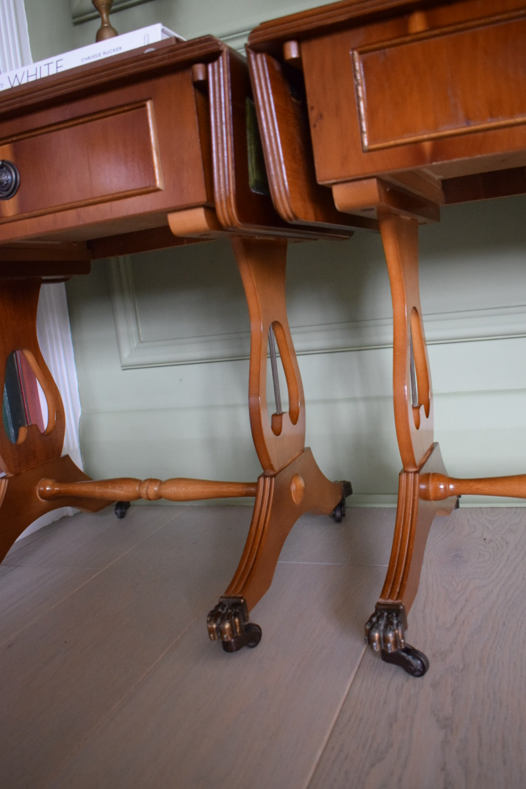 STUNNING Pair Of Flamed Mahogany Bedside Or End Wine Tables With Green Leather Top and Paw castors Bevan Funnell