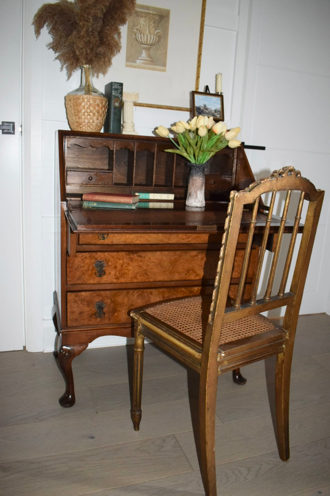 Antique Burr and burl c. 1900s walnut writing bureau