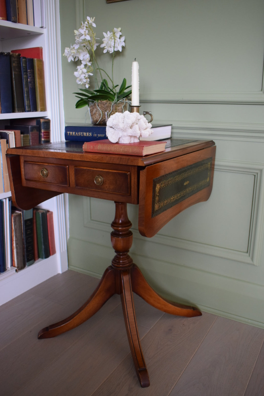 Bevan Funnell style Flamed mahogany Occasional table with 2 drawers and Green leather top