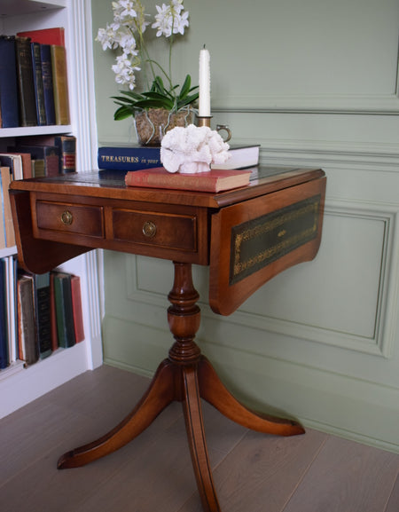 Bevan Funnell style Flamed mahogany Occasional table with 2 drawers and Green leather top