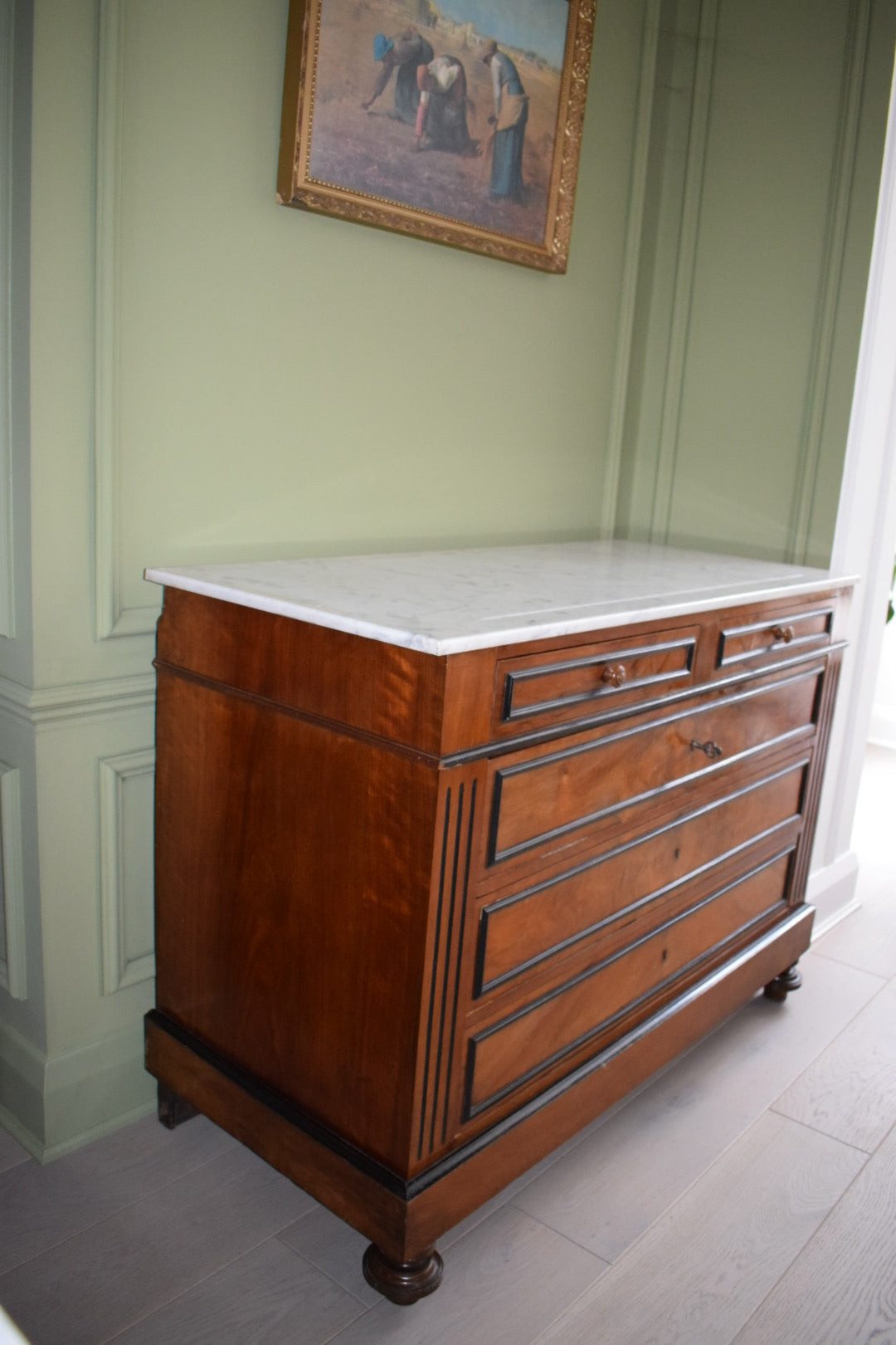 Stunning Burl wood Neoclassical Louis French Antique Marble Top Chest of Drawers Dresser