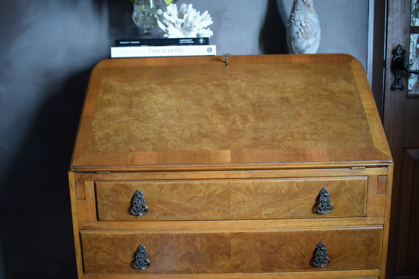 Antique Burr Walnut Writing Bureau: Fitted Interior, c. 1900s