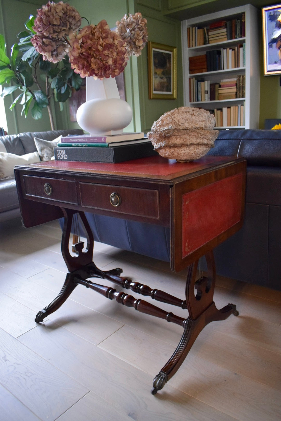 Vintage Regency Bevan Funnell style drop leaf leather top sofa table