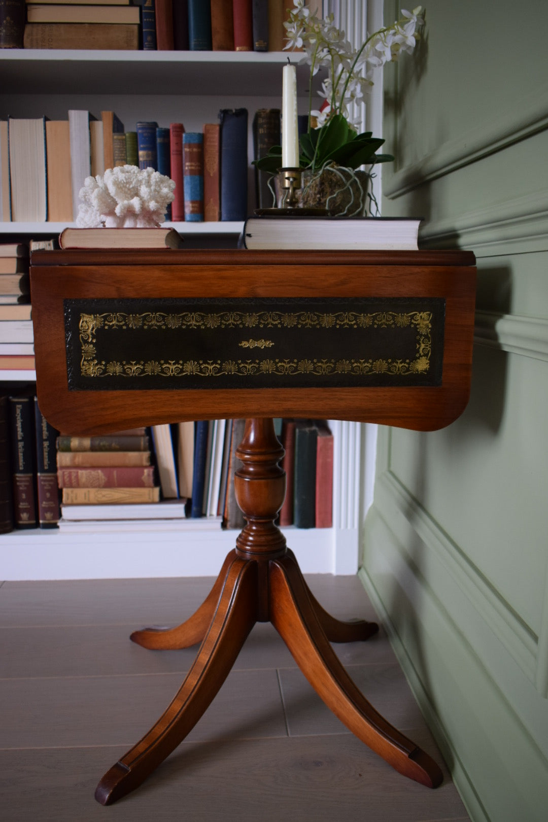 Bevan Funnell style Flamed mahogany Occasional table with 2 drawers and Green leather top