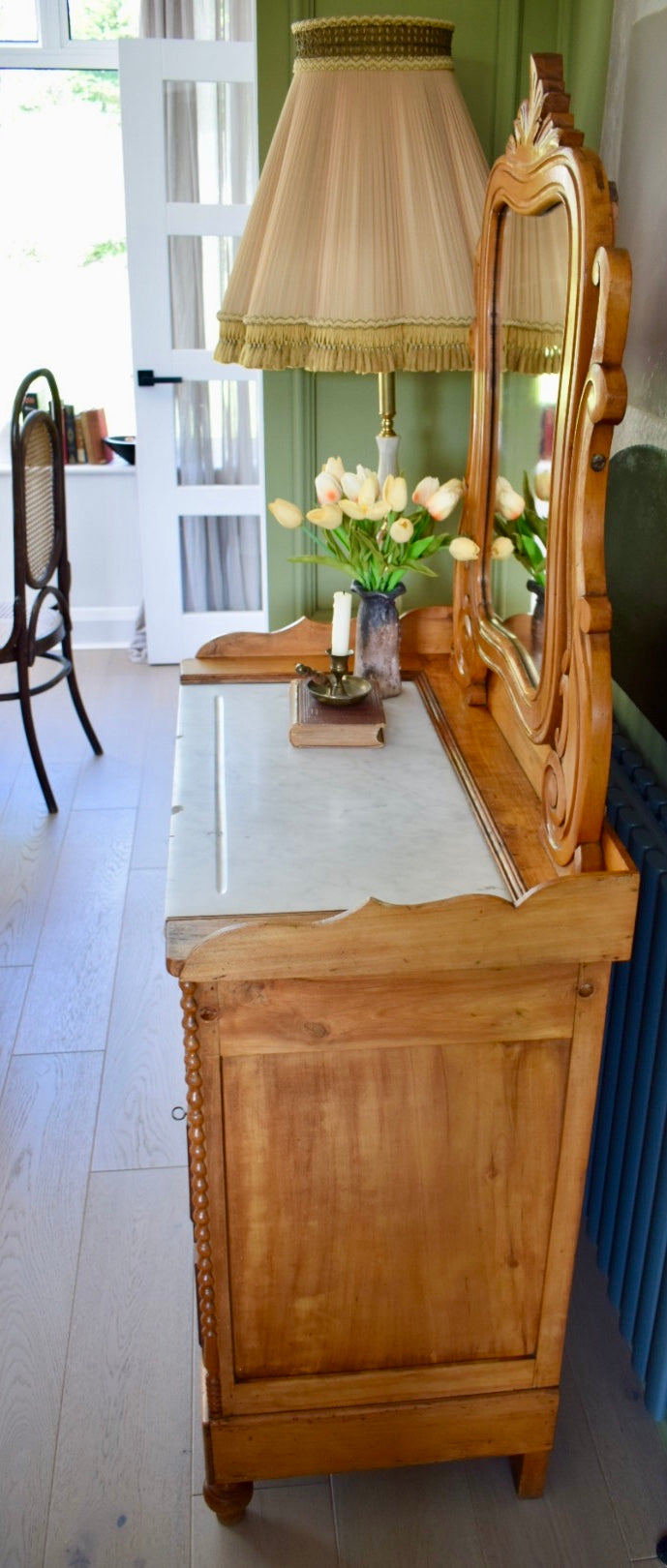 Satin Birch Marble top Dressing chest of drawers with mirror