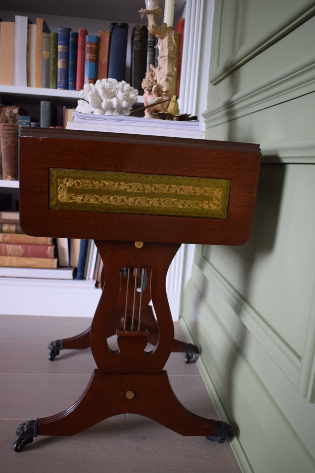 Gorgeous Flamed Mahogany Bedside Or End Wine Tables With green Leather Top on castors