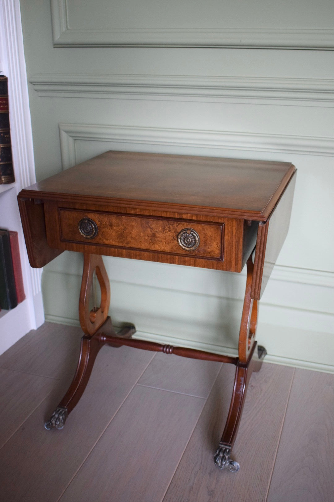 Stunning Burr and Burl Walnut Bedside Or End Wine Lamp Tables Bevan Funnell style With paw castors