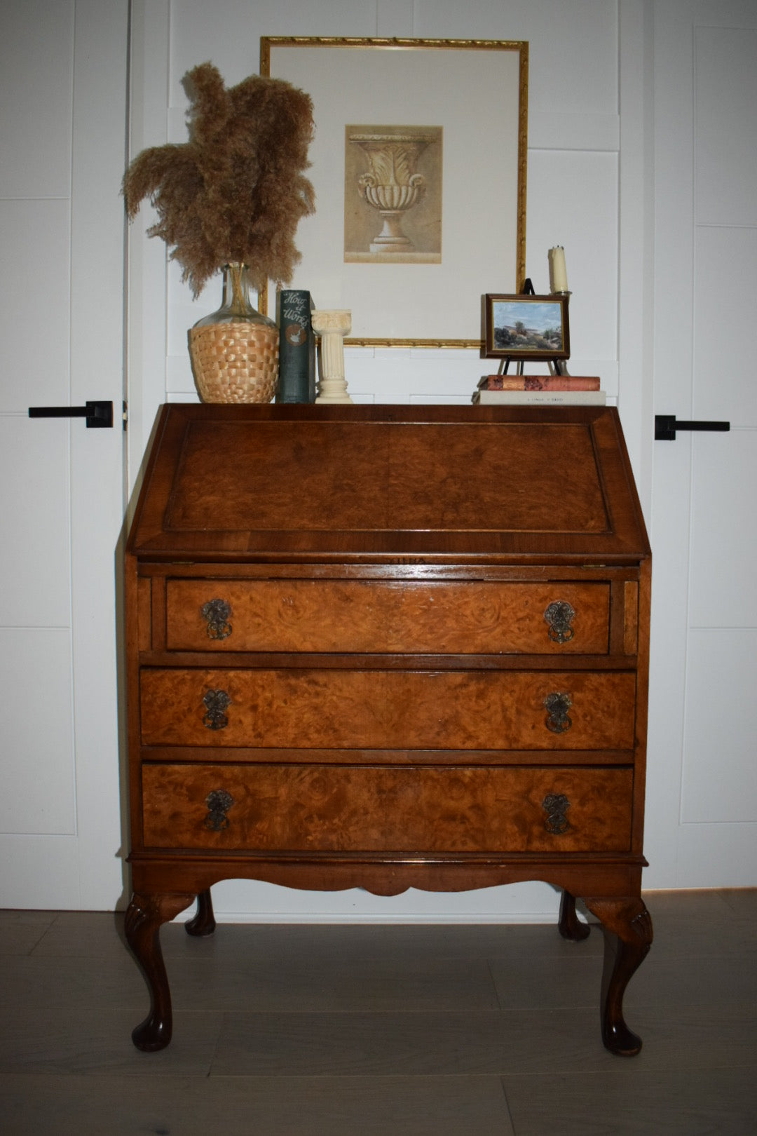 Antique Burr and burl c. 1900s walnut writing bureau