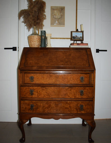 Antique Burr and burl c. 1900s walnut writing bureau