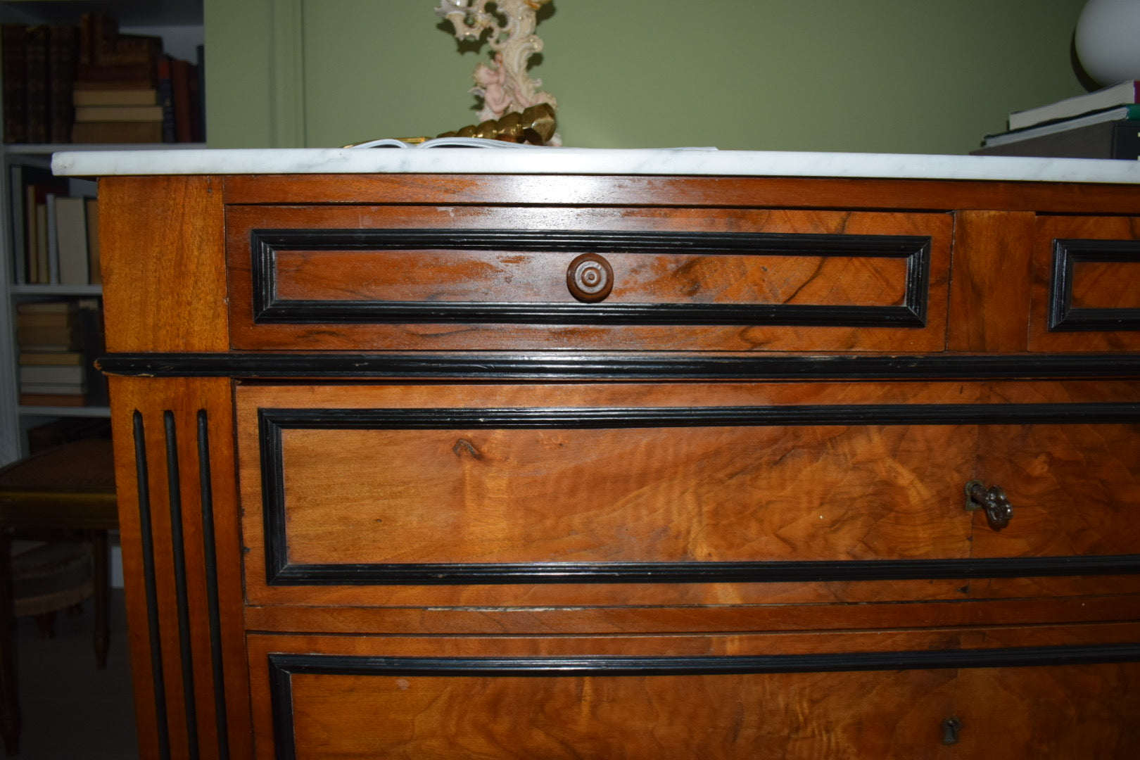 Stunning Burl wood Neoclassical Louis French Antique Marble Top Chest of Drawers Dresser