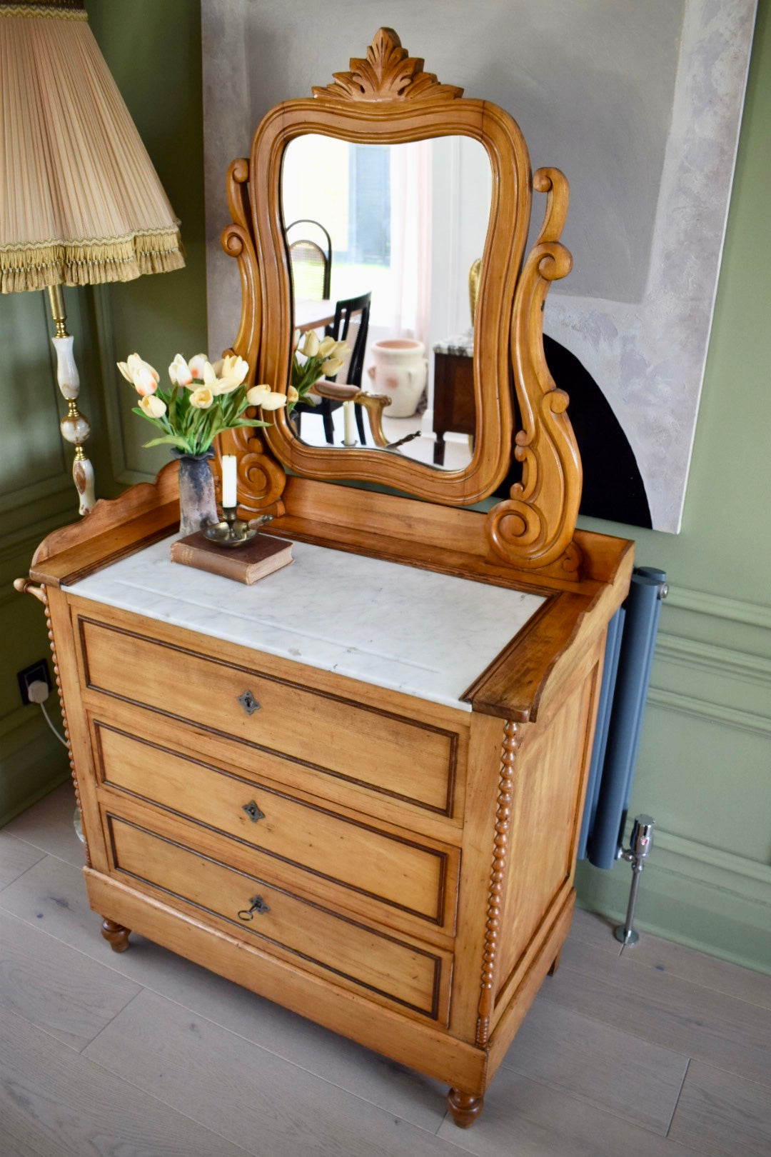 Satin Birch Marble top Dressing chest of drawers with mirror