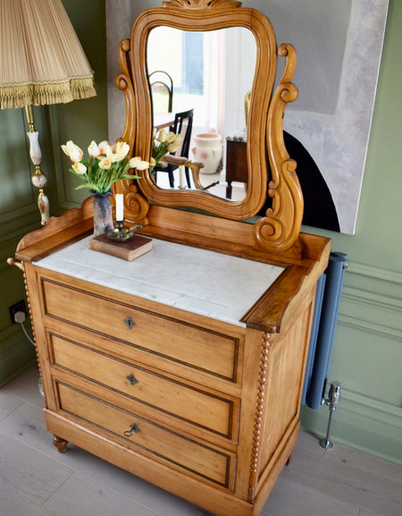 Satin Birch Marble top Dressing chest of drawers with mirror