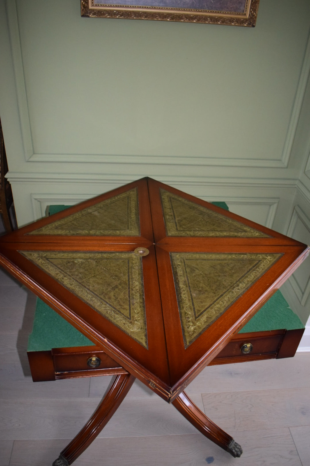 Stunning Bevan Funnell Games / Large Card table on Casters With green Leather Top