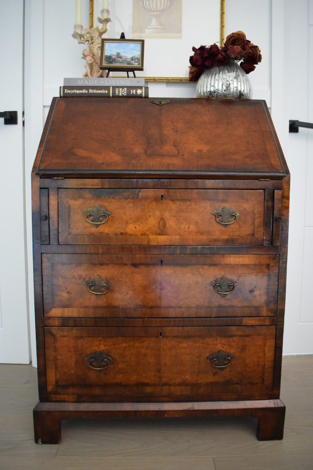 Antique Burr Satin walnut George Bureau desk table c 1910