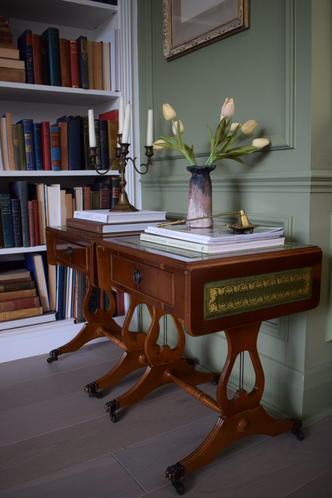 STUNNING Pair Of Flamed Mahogany Bedside Or End Wine Tables With Green Leather Top and Paw castors Bevan Funnell