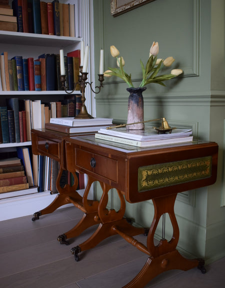 STUNNING Pair Of Flamed Mahogany Bedside Or End Wine Tables With Green Leather Top and Paw castors Bevan Funnell