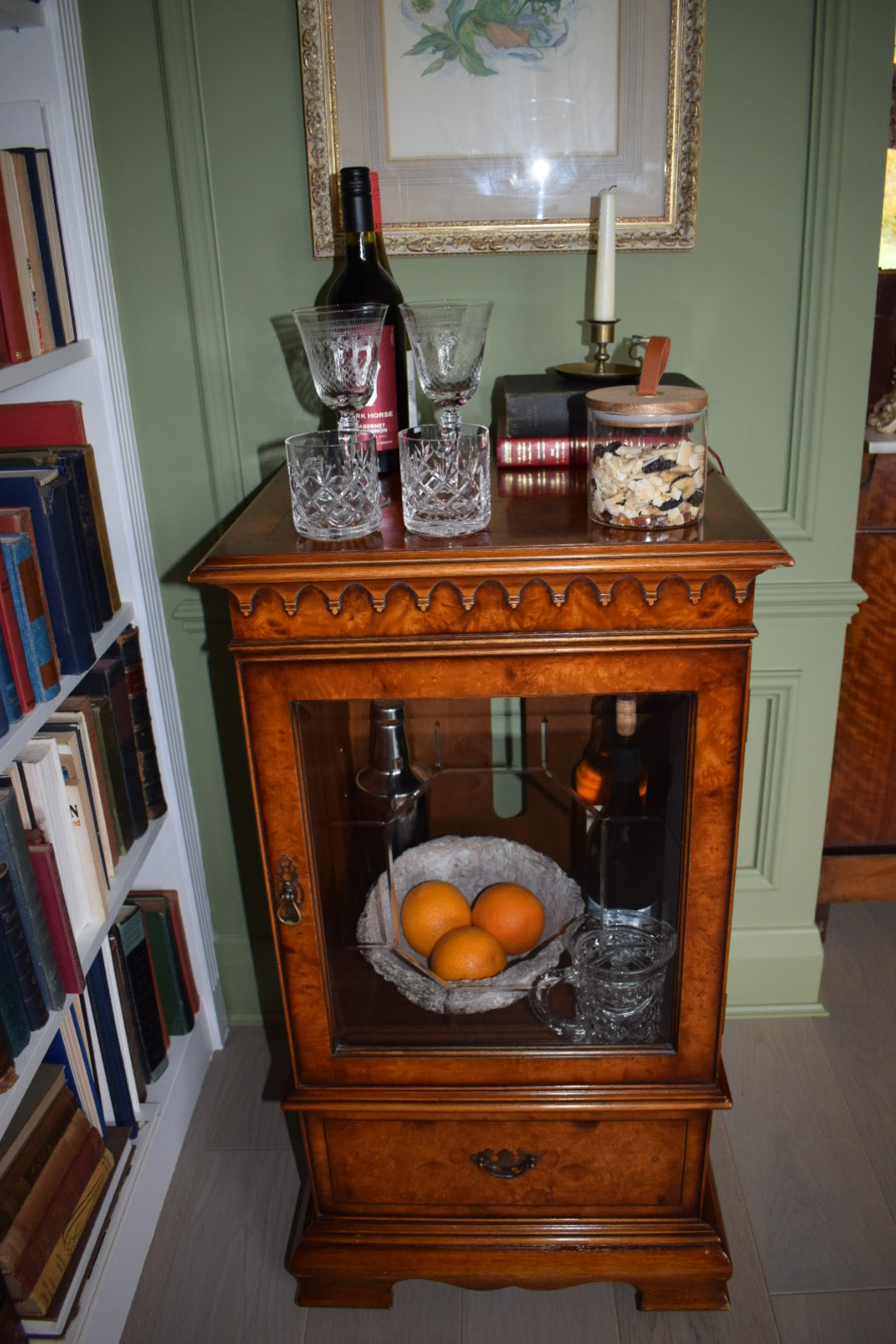 Rare Antique Sheraton Revival Burr Elm & Satinwood Cabinet/ Bar Cart