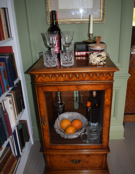 Rare Antique Sheraton Revival Burr Elm & Satinwood Cabinet/ Bar Cart