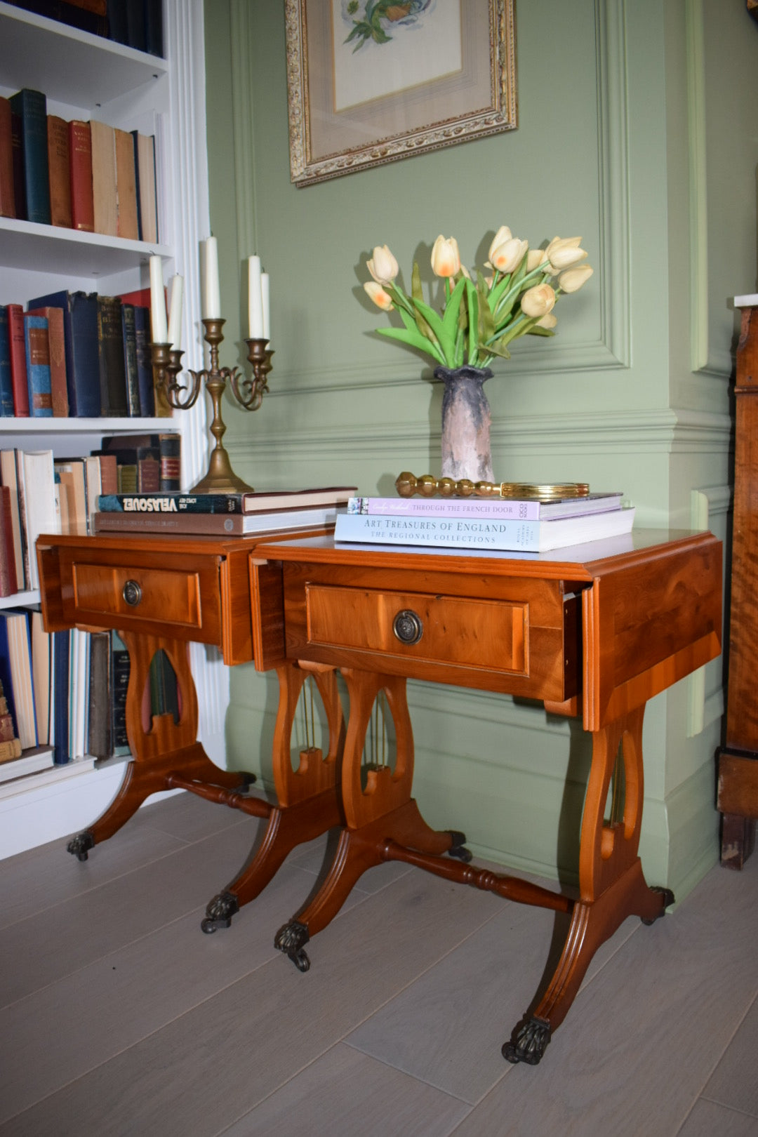 Pair of Antique Burr Walnut Drop Leaf Side Tables with Paw castors Bevan Funnell style