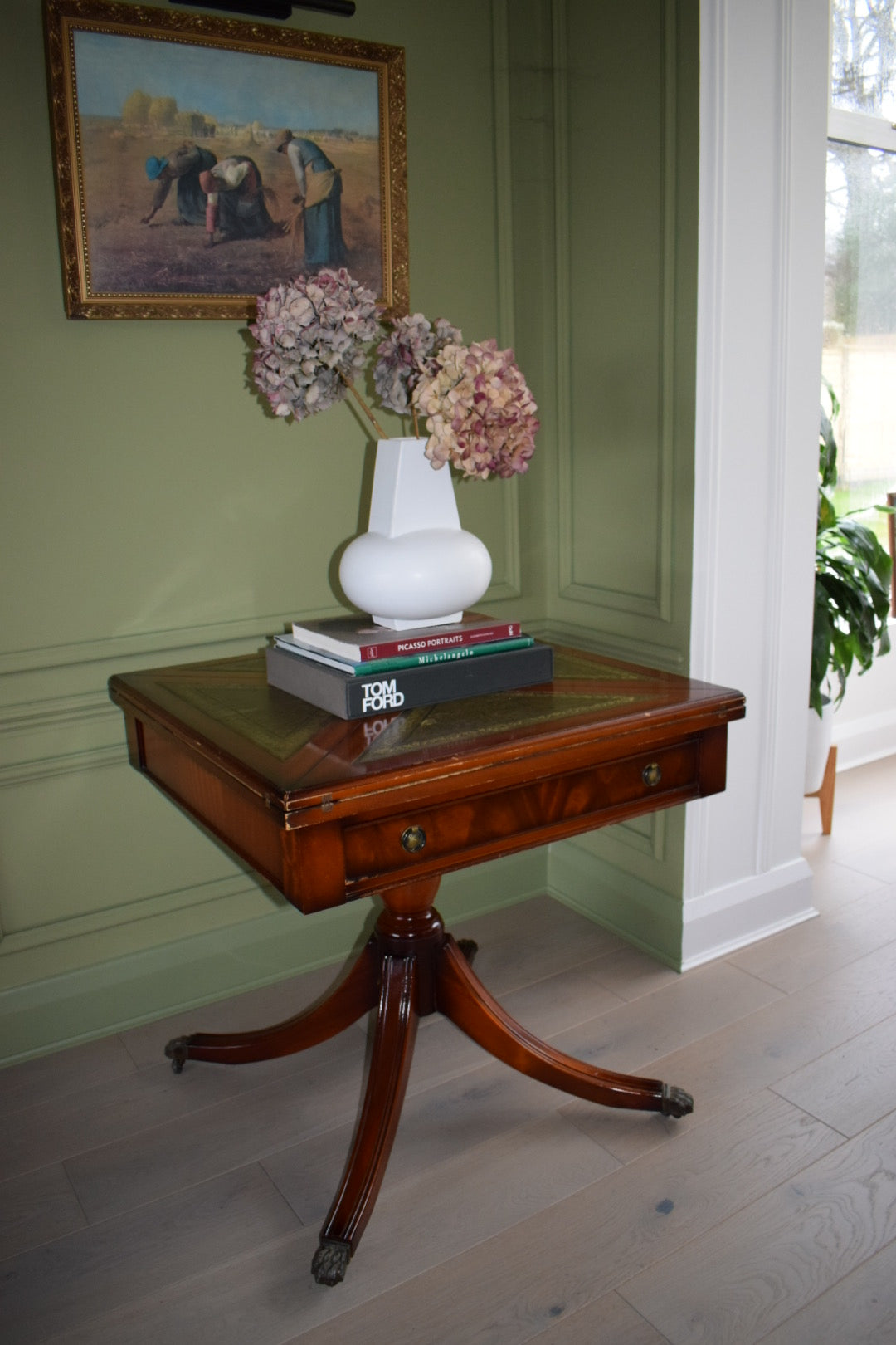 Stunning Bevan Funnell Games / Large Card table on Casters With green Leather Top