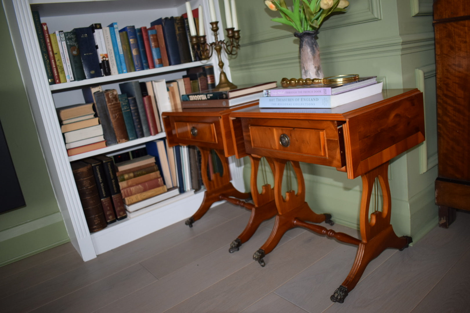 Pair of Antique Burr Walnut Drop Leaf Side Tables with Paw castors Bevan Funnell style