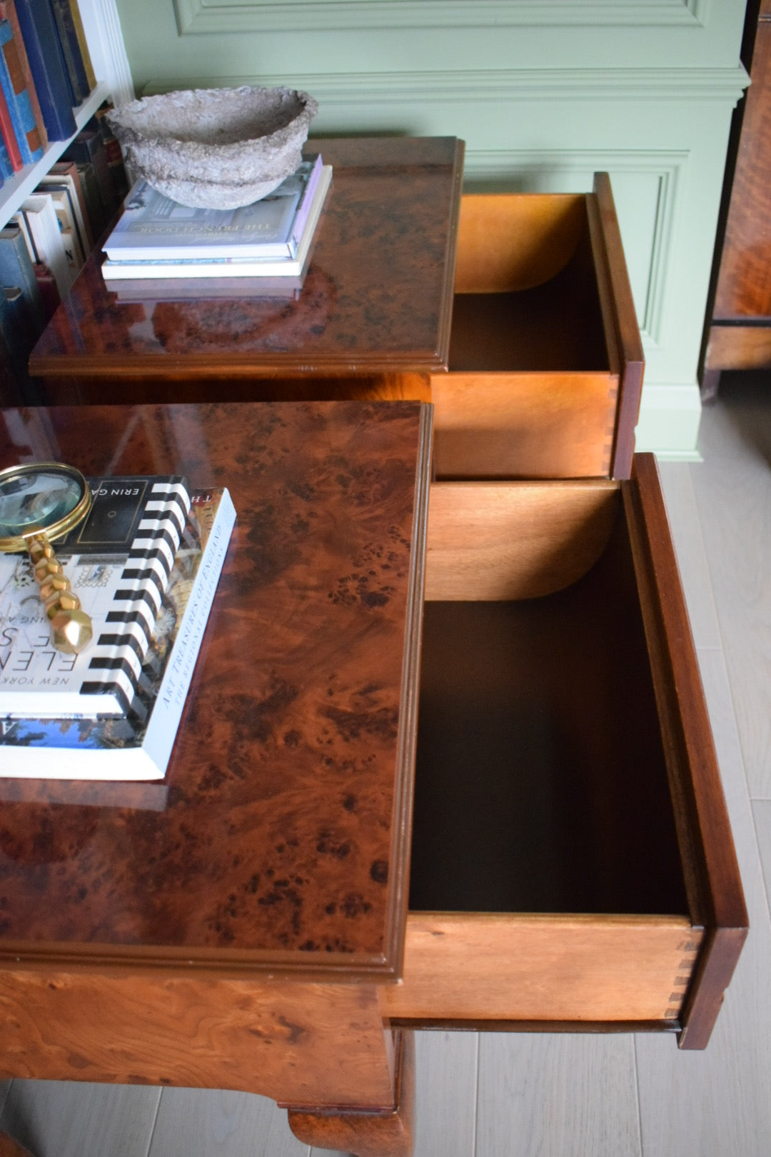 Pair of vintage Mid 20th century Burr wood bedside Tables