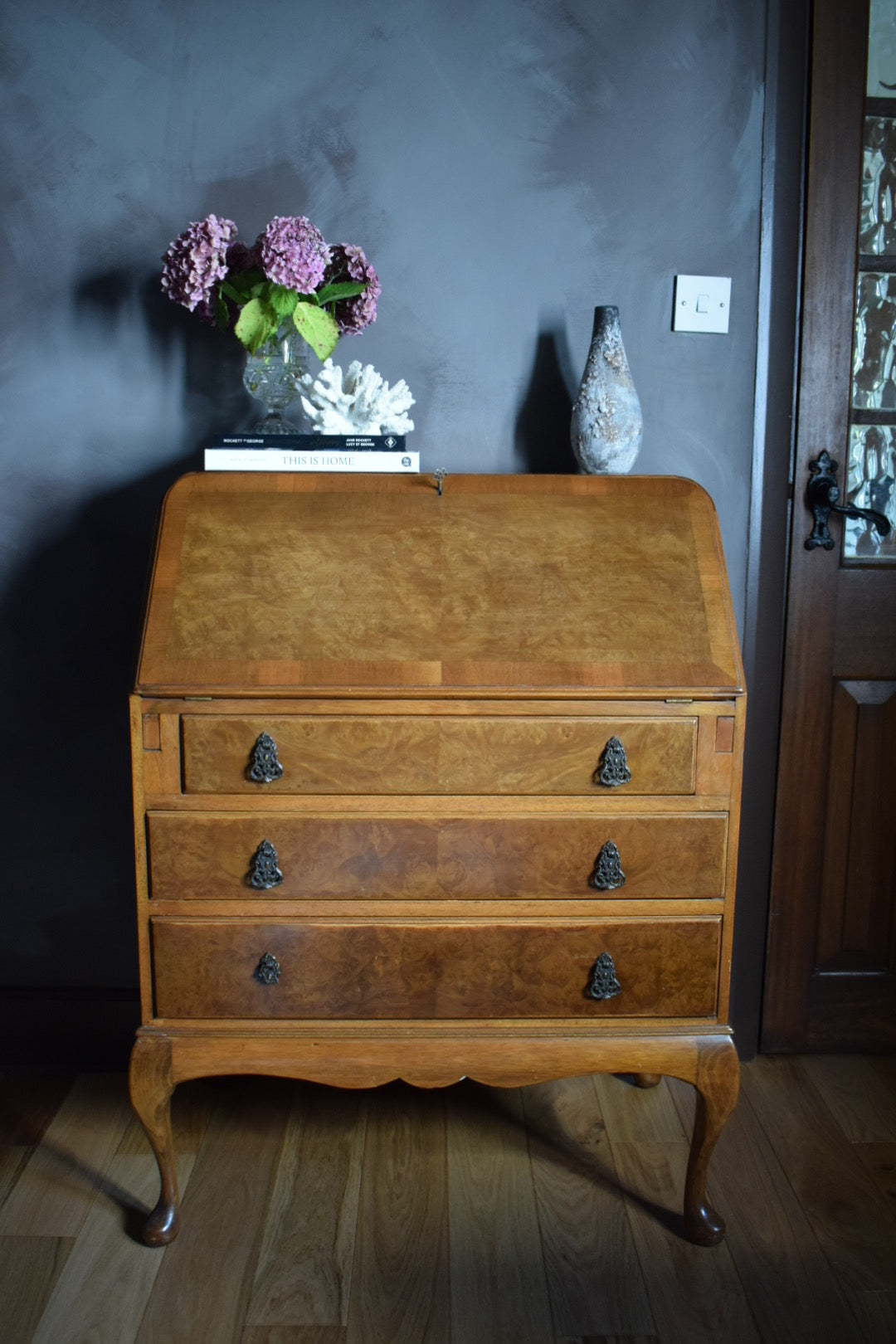 Antique Burr Walnut Writing Bureau: Fitted Interior, c. 1900s