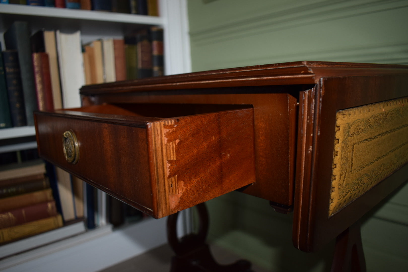 Gorgeous Walnut Bedside Or End Wine Tables With tan Leather Top on castors