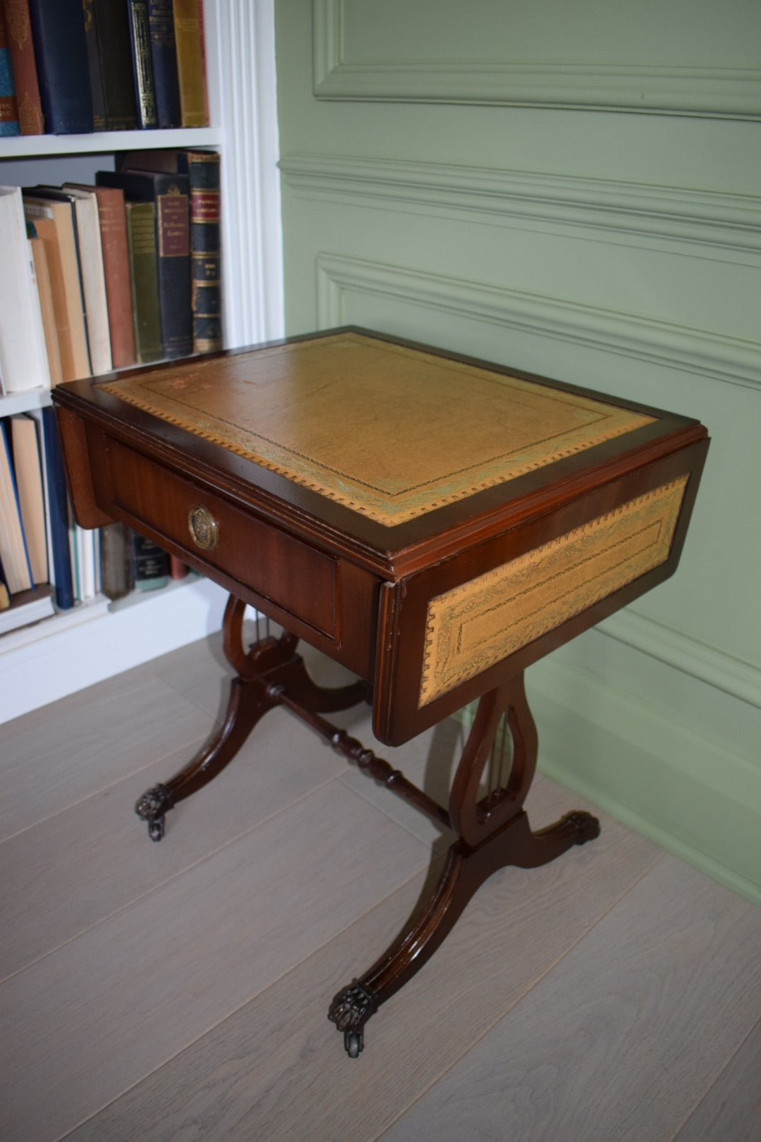 Gorgeous Walnut Bedside Or End Wine Tables With tan Leather Top on castors