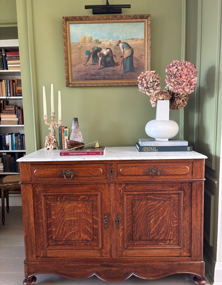 New in- Beautiful Antique Marble Top Solid Oak sideboard French sideboard/server