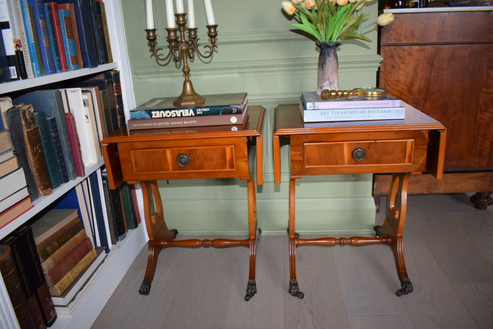 Pair of Antique Burr Walnut Drop Leaf Side Tables with Paw castors Bevan Funnell style