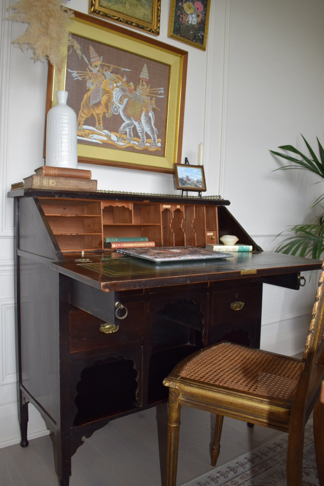 Charming Late 19th Century Edwardian Mahogany bureau with brass gallery rail