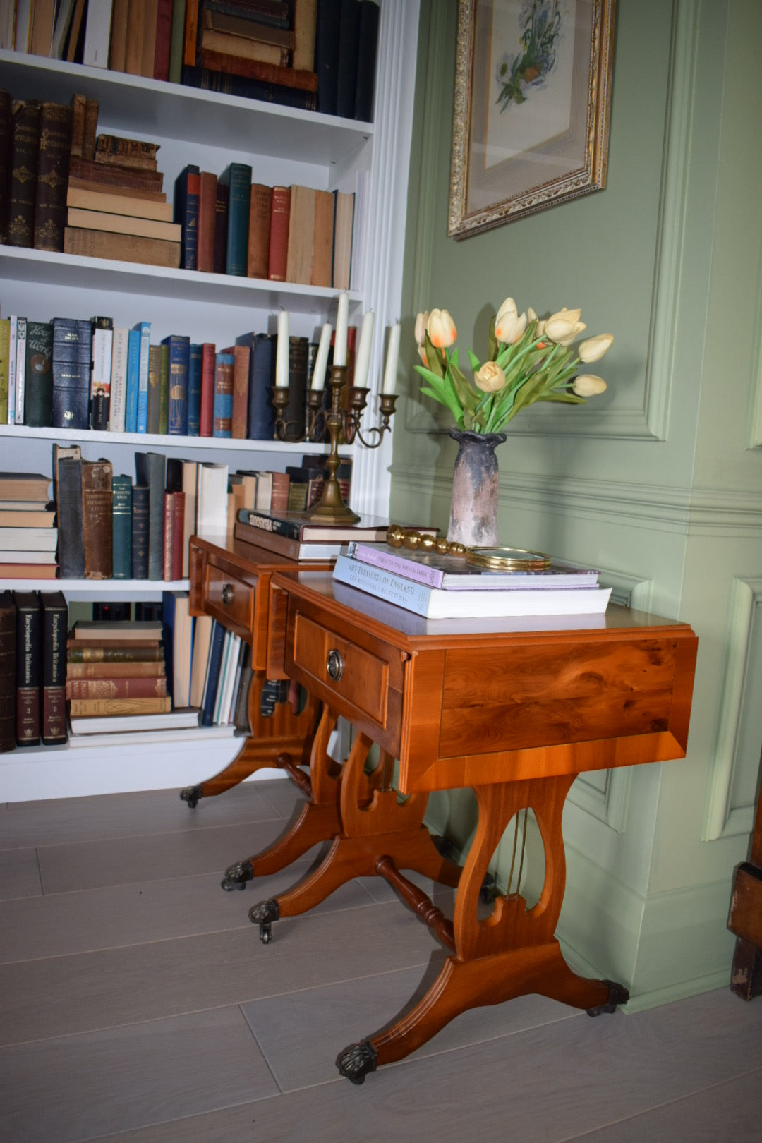 Pair of Antique Burr Walnut Drop Leaf Side Tables with Paw castors Bevan Funnell style