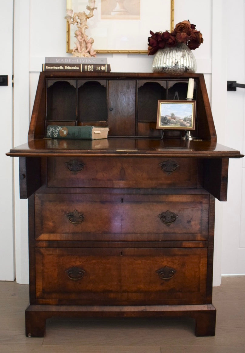 Antique Burr Satin walnut George Bureau desk table c 1910