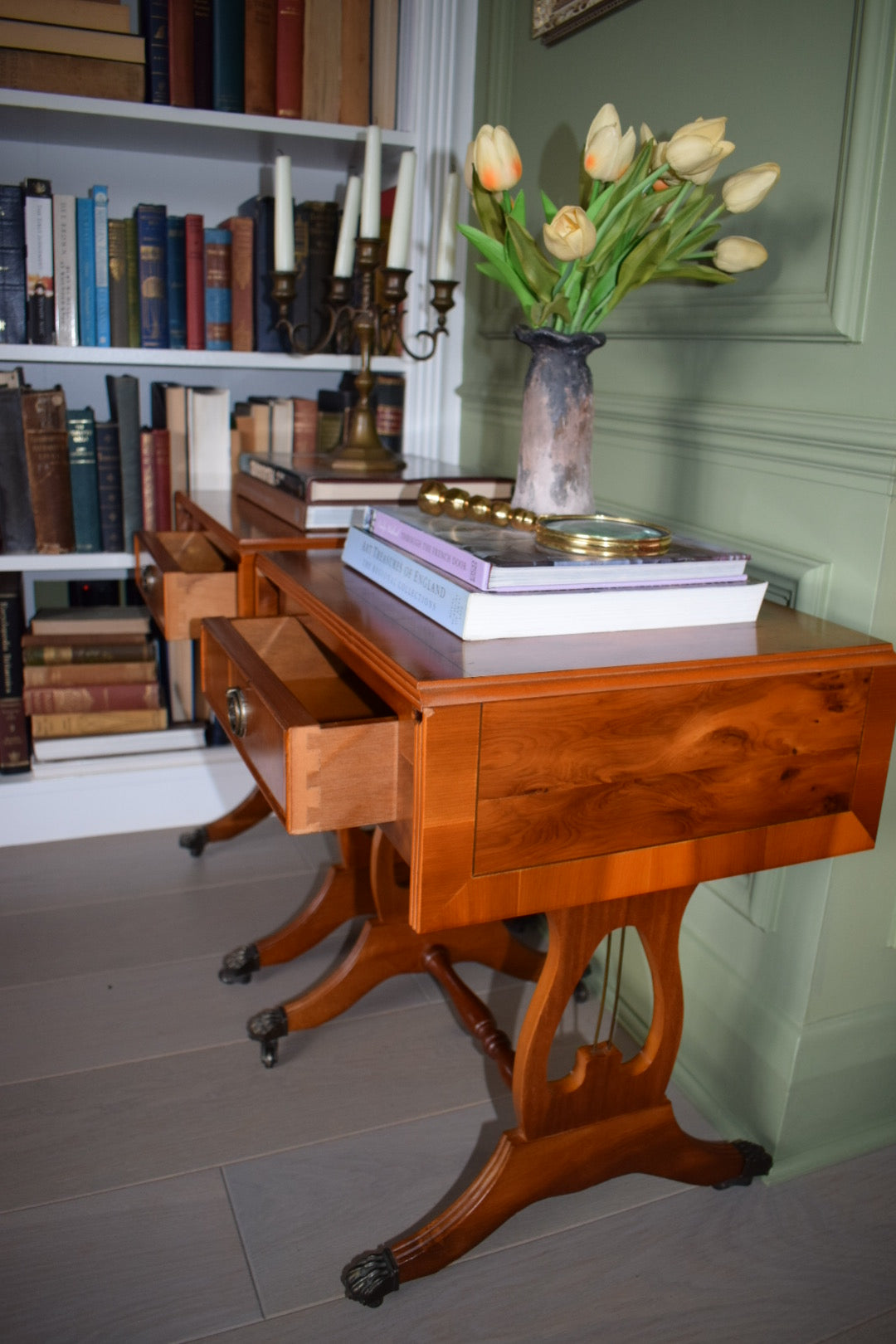 Pair of Antique Burr Walnut Drop Leaf Side Tables with Paw castors Bevan Funnell style